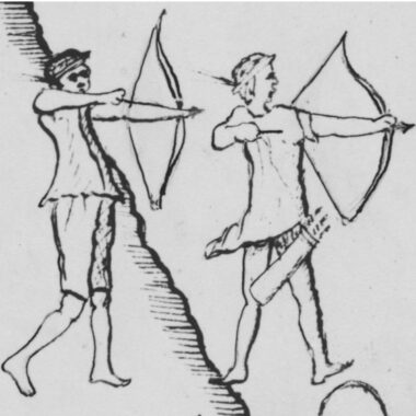 Piman warriors using a recurved bow drawn by Father Kino on the 1696–1697  “Saeta martyrdom map” 